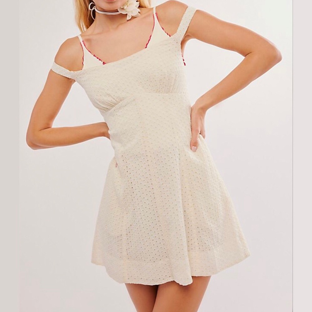 FREE PEOPLE Berry Kiss Eyelet Embroidered Off-the-Shoulder Mini Dress Ivory NWT